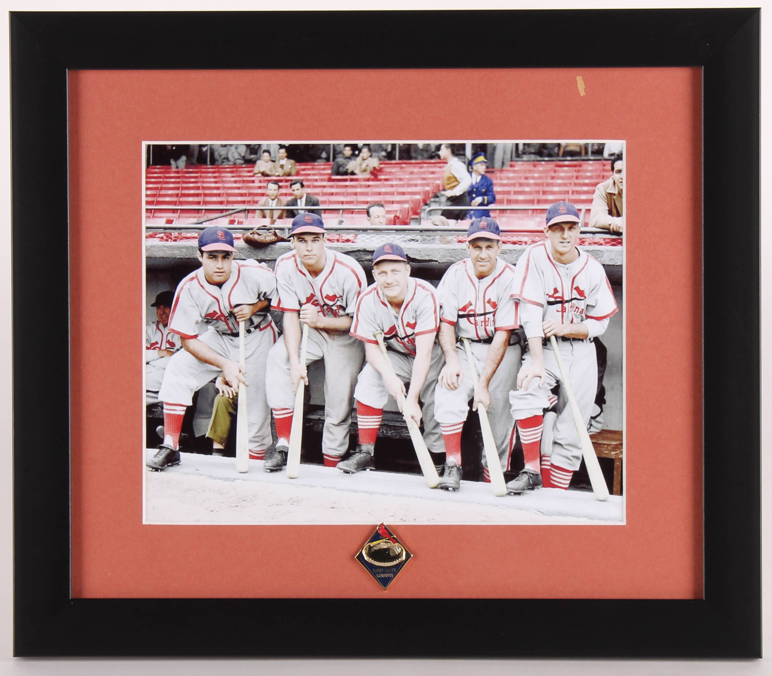 Stan Musial, Red Schoendienst & Joe Garagiola Cardinals 13x15 Custom Framed Photo Display with Vintage Busch Stadium Pin at PristineAuction.com Stan Musial, Red Schoendienst & Joe Garagiola Cardinals 13x15 Custom Framed Photo Display with Vintage Busch Stadium Pin at PristineAuction.com