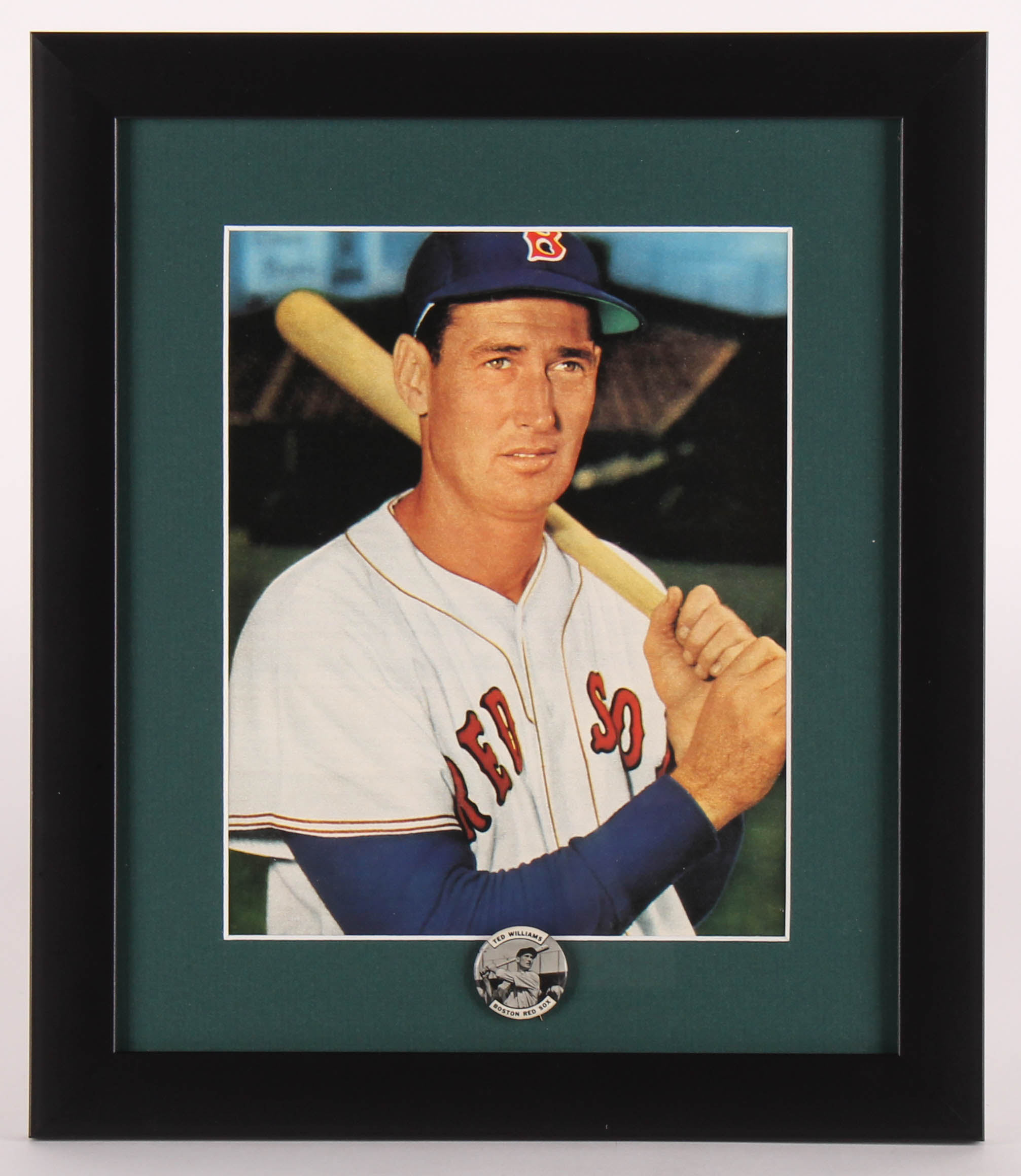 Ted Williams Red Sox 13x15 Custom Framed Photo Display with Vintage 1950's Williams Pin at PristineAuction.com Ted Williams Red Sox 13x15 Custom Framed Photo Display with Vintage 1950's Williams Pin at PristineAuction.com