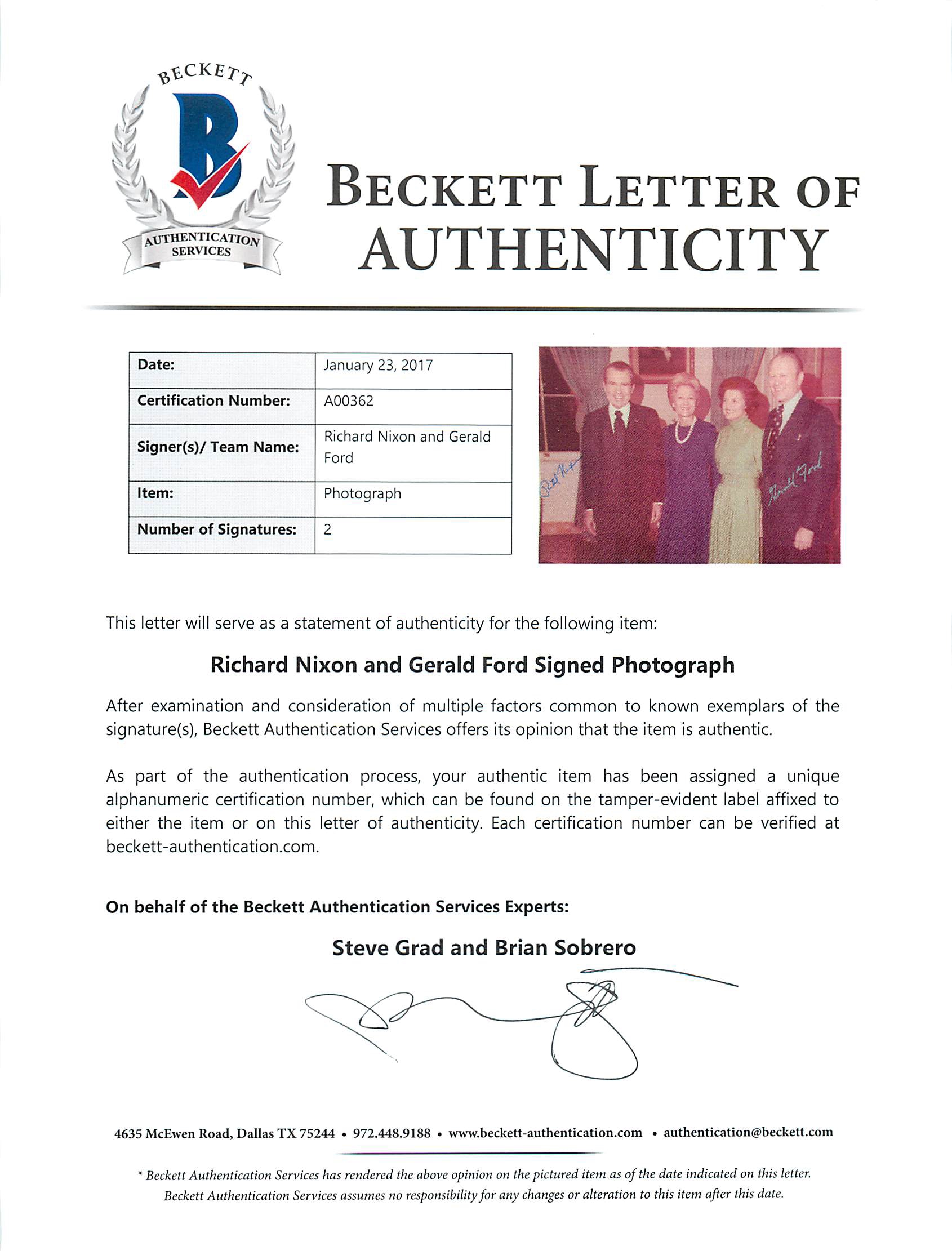 Richard Nixon & Gerald Ford Signed 11x14 Photo (Beckett LOA) at PristineAuction.com Richard Nixon & Gerald Ford Signed 11x14 Photo (Beckett LOA) at PristineAuction.com