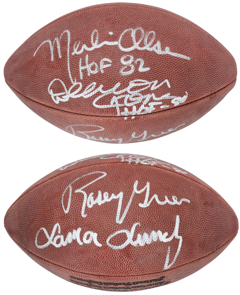 Rams "Fearsome Foursome" Official NFL Game Ball Team-Signed by (4) with Rosey Grier, Lamar Lundy, Merlin Olsen & Deacon Jones Inscribed "HOF 82" & "HOF 80" (Beckett LOA) at PristineAuction.com Rams "Fearsome Foursome" Official NFL Game Ball Team-Signed by (4) with Rosey Grier, Lamar Lundy, Merlin Olsen & Deacon Jones Inscribed "HOF 82" & "HOF 80" (Beckett LOA) at PristineAuction.com