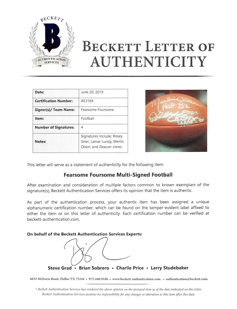 Rams "Fearsome Foursome" Official NFL Game Ball Team-Signed by (4) with Rosey Grier, Lamar Lundy, Merlin Olsen & Deacon Jones Inscribed "HOF 82" & "HOF 80" (Beckett LOA) at PristineAuction.com Rams "Fearsome Foursome" Official NFL Game Ball Team-Signed by (4) with Rosey Grier, Lamar Lundy, Merlin Olsen & Deacon Jones Inscribed "HOF 82" & "HOF 80" (Beckett LOA) at PristineAuction.com