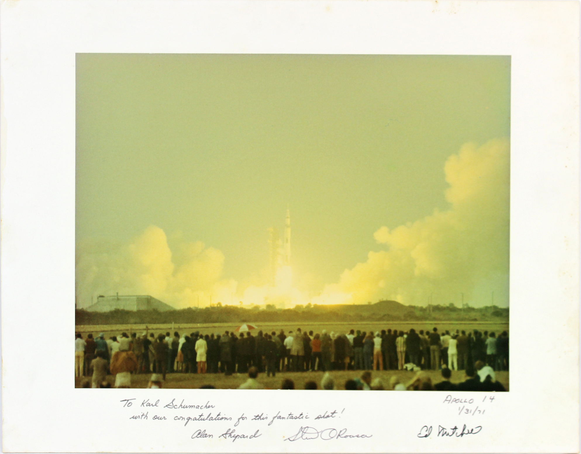 Alan Shepard, Stuart Roosa & Edgar Mitchell Signed Apollo 14 14x18 Custom Matted Photo Display Inscribed "Apollo 14", "1/31/71", & "To Karl Schumacher, With Our Congratulations For This Fantastic Shot!" (Beckett LOA) at PristineAuction.com Alan Shepard, Stuart Roosa & Edgar Mitchell Signed Apollo 14 14x18 Custom Matted Photo Display Inscribed "Apollo 14", "1/31/71", & "To Karl Schumacher, With Our Congratulations For This Fantastic Shot!" (Beckett LOA) at PristineAuction.com
