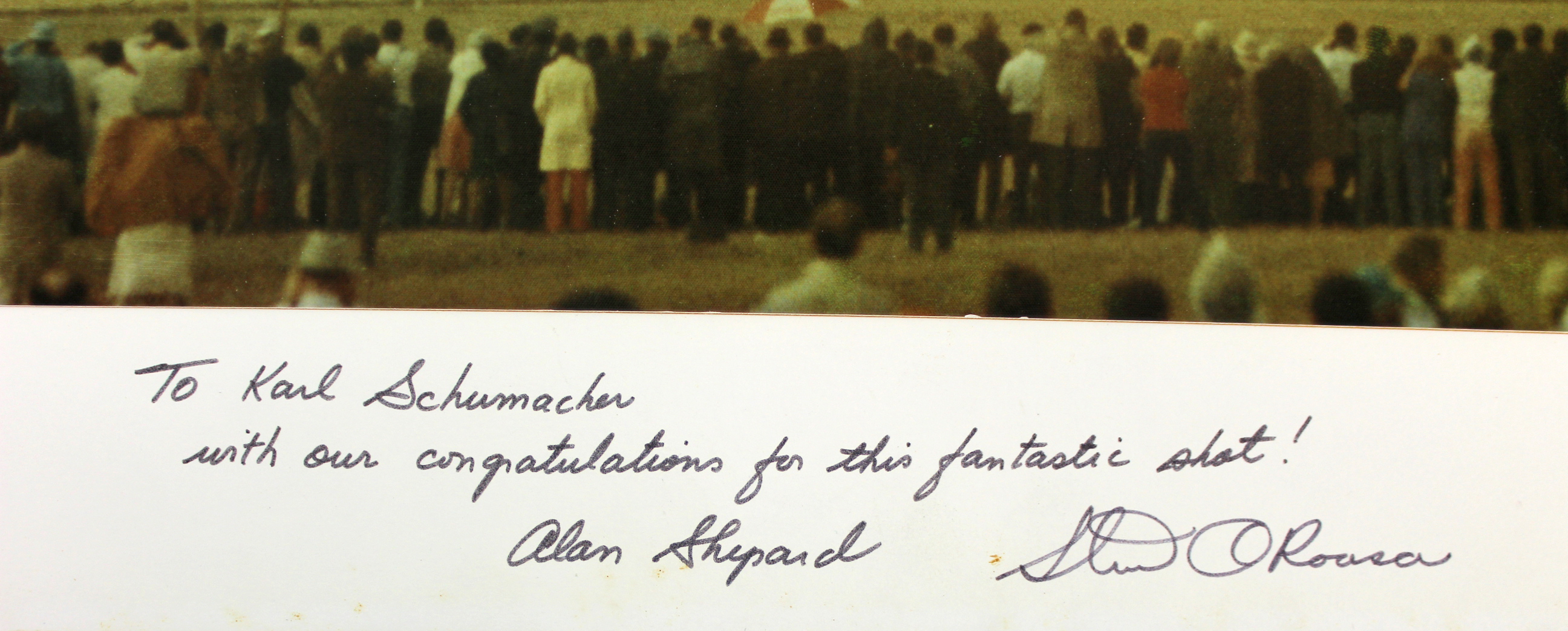 Alan Shepard, Stuart Roosa & Edgar Mitchell Signed Apollo 14 14x18 Custom Matted Photo Display Inscribed "Apollo 14", "1/31/71", & "To Karl Schumacher, With Our Congratulations For This Fantastic Shot!" (Beckett LOA) at PristineAuction.com Alan Shepard, Stuart Roosa & Edgar Mitchell Signed Apollo 14 14x18 Custom Matted Photo Display Inscribed "Apollo 14", "1/31/71", & "To Karl Schumacher, With Our Congratulations For This Fantastic Shot!" (Beckett LOA) at PristineAuction.com