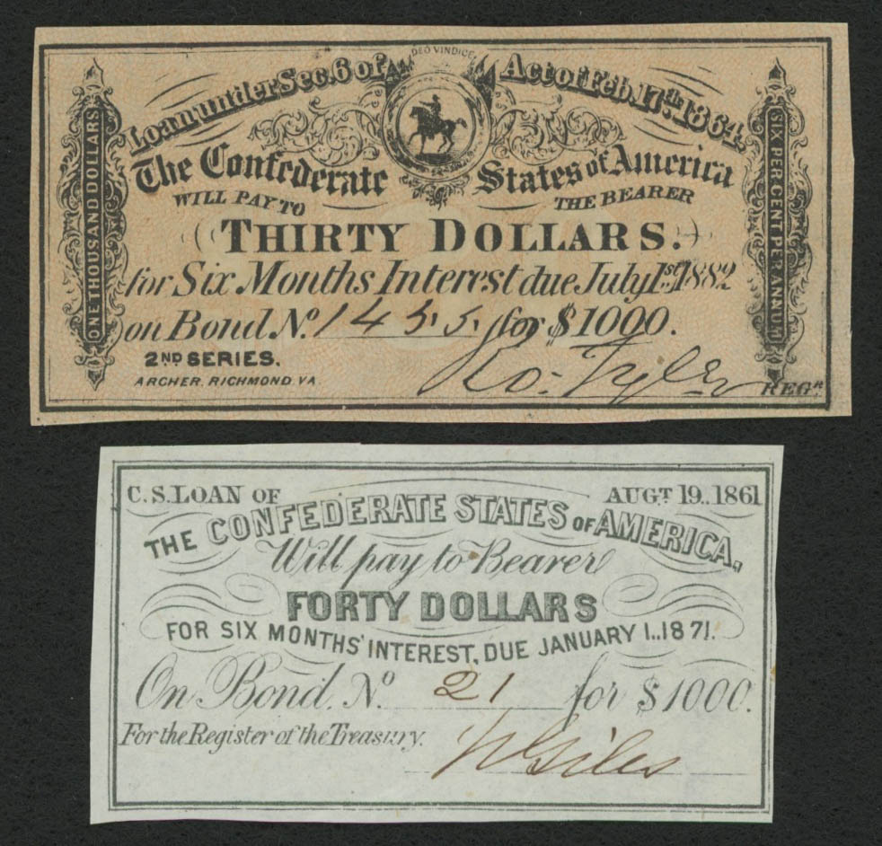 Lot of (2) Confederate States of America Richmond CSA Bond Coupons with ...