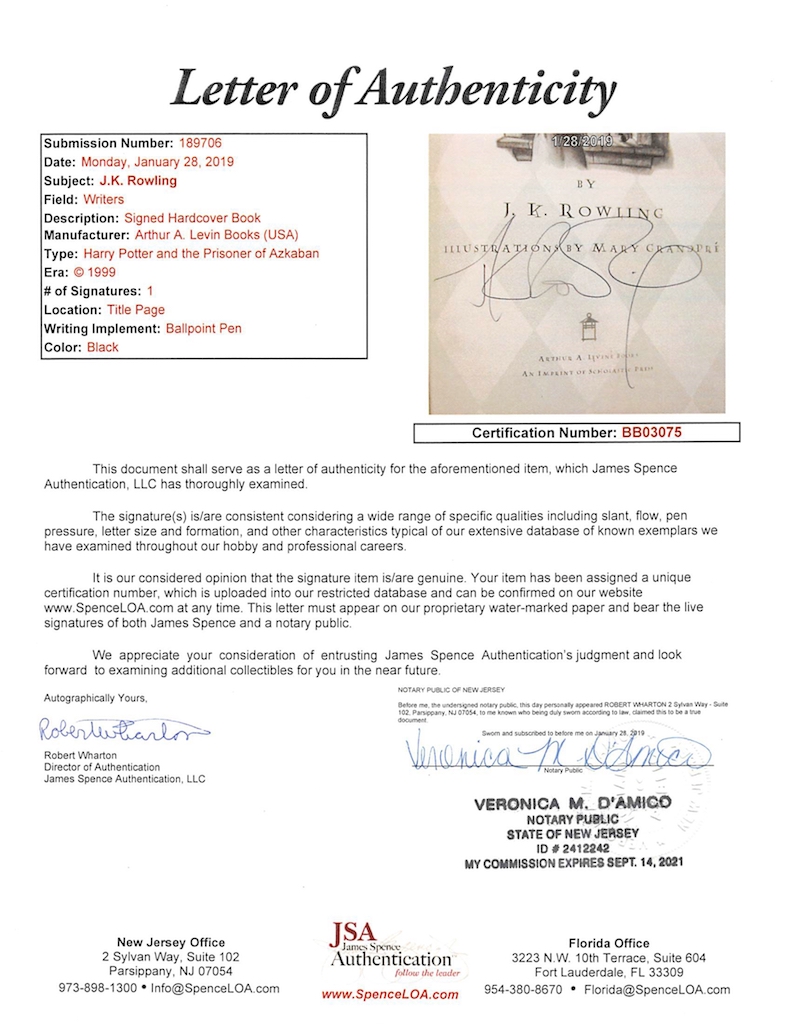 J. K. Rowling Signed "Harry Potter & the Prisoner of Azkaban" First Edition Hardcover Book (JSA LOA) at PristineAuction.com J. K. Rowling Signed "Harry Potter & the Prisoner of Azkaban" First Edition Hardcover Book (JSA LOA) at PristineAuction.com