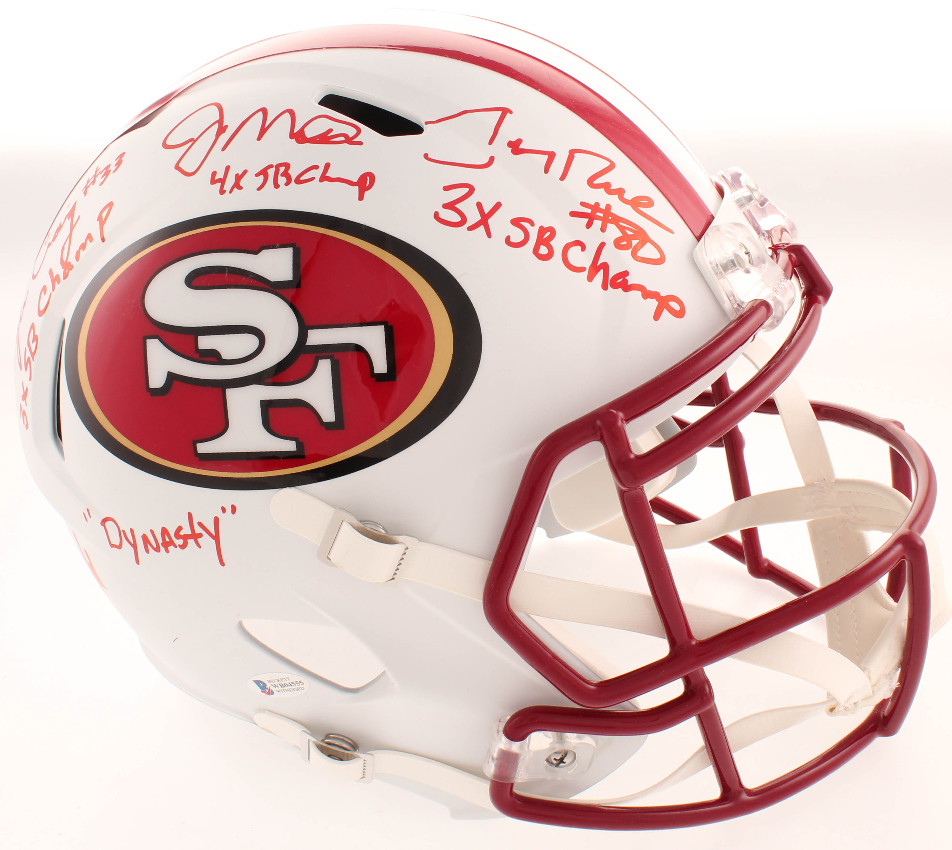 49ers "Dynasty" Full-Size Matte White Speed Helmet Signed by (4) with Joe Montana, Jerry Rice, Roger Craig & John Taylor with Multiple Inscriptions (Beckett COA) at PristineAuction.com 49ers "Dynasty" Full-Size Matte White Speed Helmet Signed by (4) with Joe Montana, Jerry Rice, Roger Craig & John Taylor with Multiple Inscriptions (Beckett COA) at PristineAuction.com