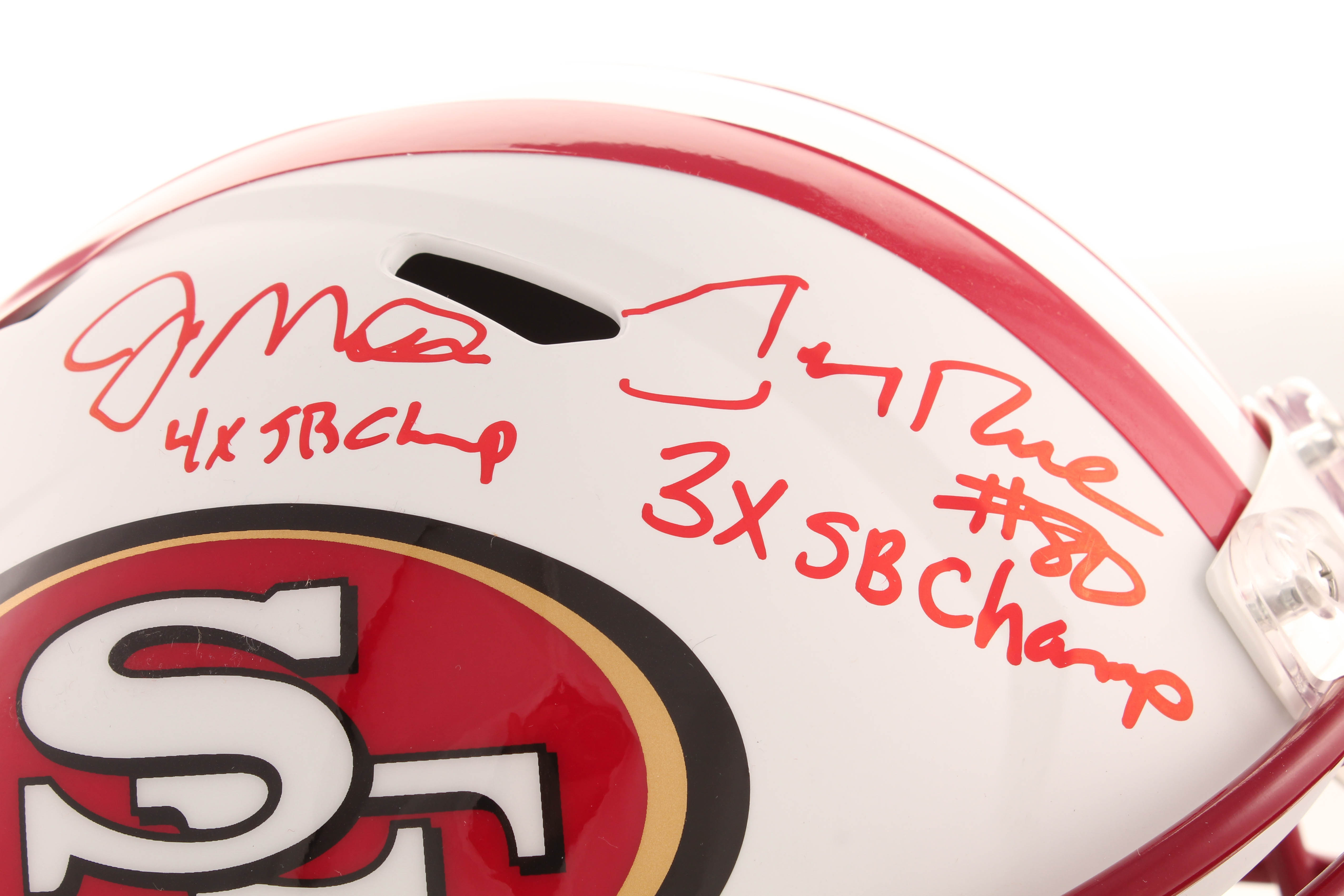 49ers "Dynasty" Full-Size Matte White Speed Helmet Signed by (4) with Joe Montana, Jerry Rice, Roger Craig & John Taylor with Multiple Inscriptions (Beckett COA) at PristineAuction.com 49ers "Dynasty" Full-Size Matte White Speed Helmet Signed by (4) with Joe Montana, Jerry Rice, Roger Craig & John Taylor with Multiple Inscriptions (Beckett COA) at PristineAuction.com