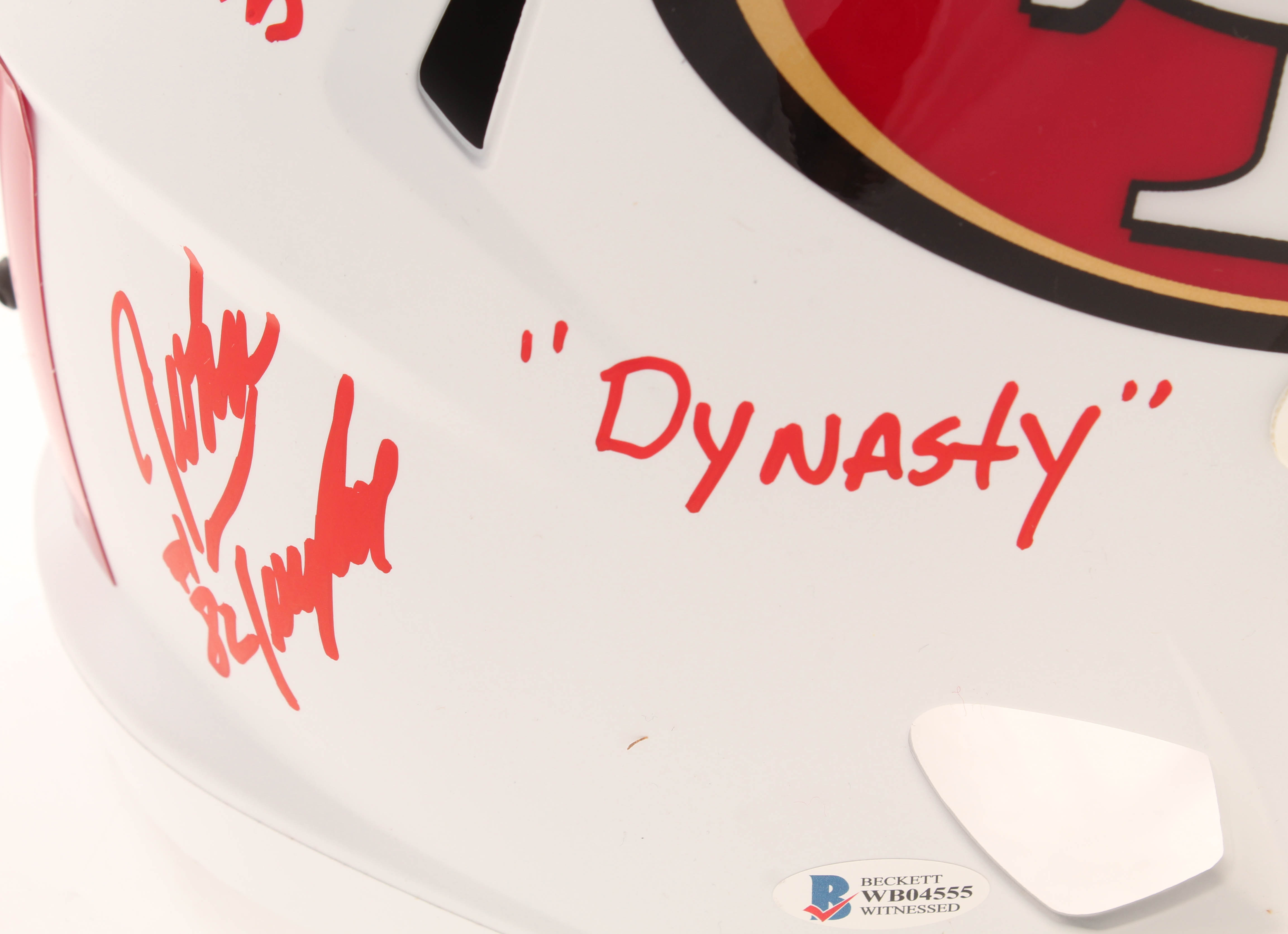 49ers "Dynasty" Full-Size Matte White Speed Helmet Signed by (4) with Joe Montana, Jerry Rice, Roger Craig & John Taylor with Multiple Inscriptions (Beckett COA) at PristineAuction.com 49ers "Dynasty" Full-Size Matte White Speed Helmet Signed by (4) with Joe Montana, Jerry Rice, Roger Craig & John Taylor with Multiple Inscriptions (Beckett COA) at PristineAuction.com