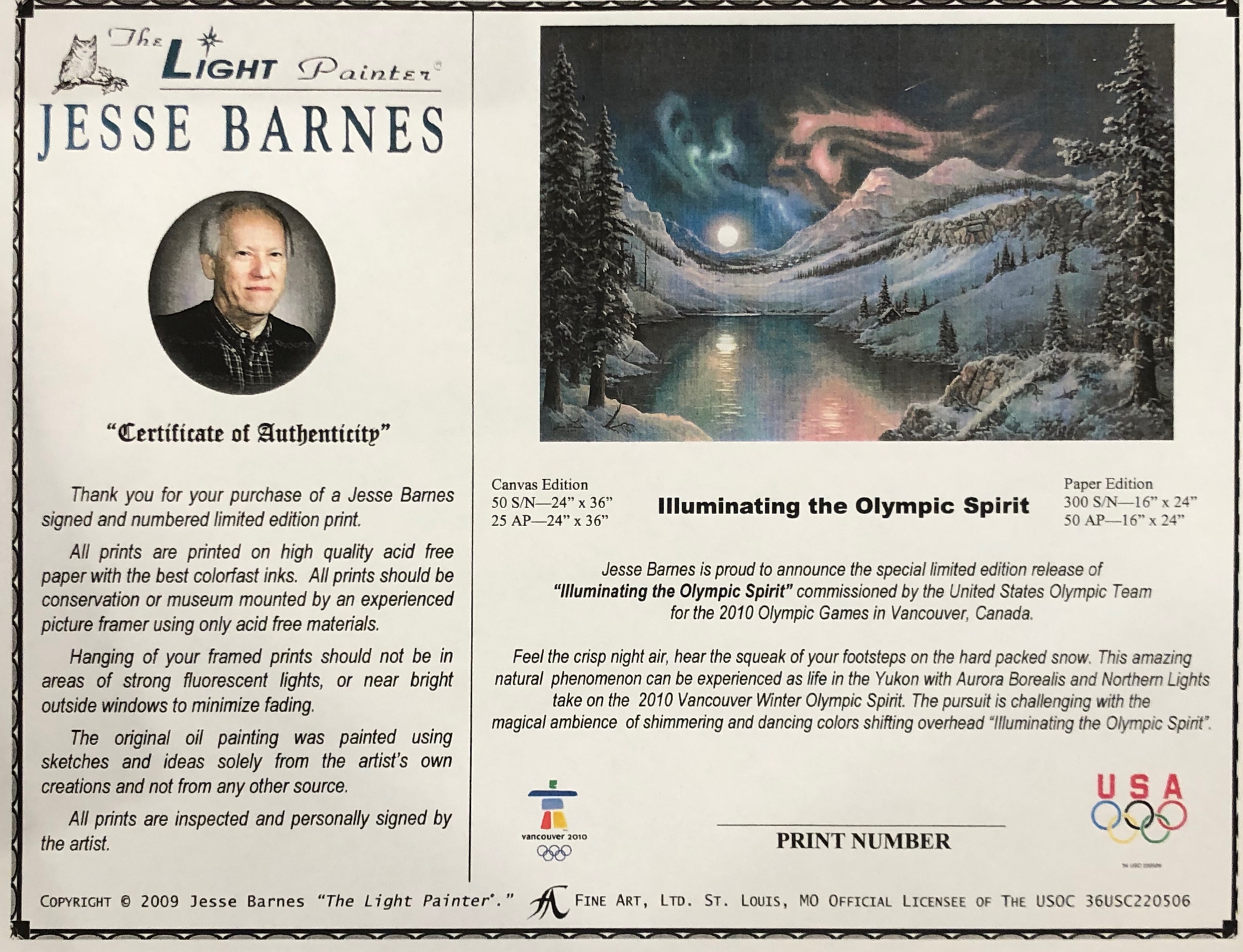 Jesse Barnes Signed "Illuminating the Olympic Spirit" 24x36 Limited Edition Giclee on Canvas (Barnes COA) at PristineAuction.com Jesse Barnes Signed "Illuminating the Olympic Spirit" 24x36 Limited Edition Giclee on Canvas (Barnes COA) at PristineAuction.com