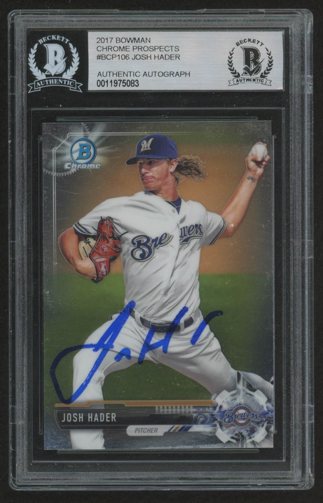 Josh Hader Signed 2017 Bowman Chrome Prospects #BCP106 Baseball Card (BGS Encapsulated) at PristineAuction.com Josh Hader Signed 2017 Bowman Chrome Prospects #BCP106 Baseball Card (BGS Encapsulated) at PristineAuction.com