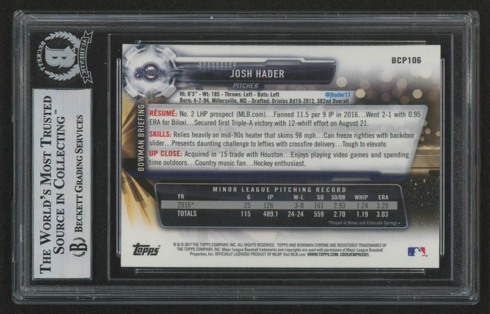 Josh Hader Signed 2017 Bowman Chrome Prospects #BCP106 Baseball Card (BGS Encapsulated) at PristineAuction.com Josh Hader Signed 2017 Bowman Chrome Prospects #BCP106 Baseball Card (BGS Encapsulated) at PristineAuction.com