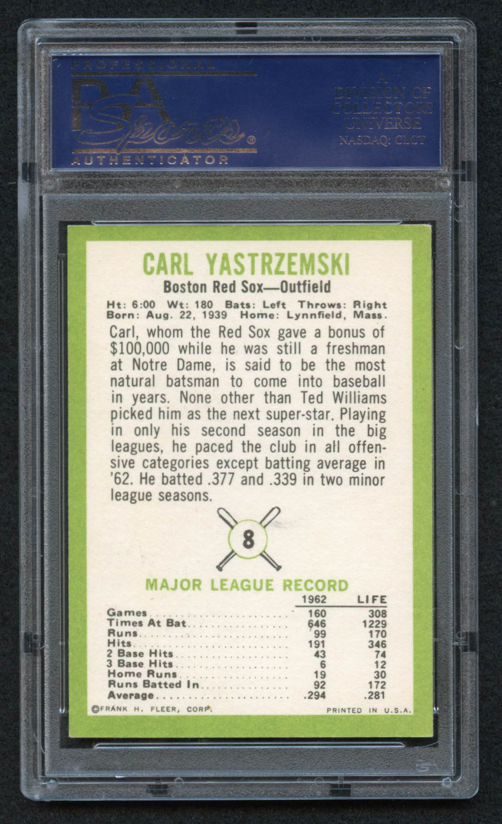 Carl Yastrzemski 1963 Fleer #8 (PSA 8) at PristineAuction.com Carl Yastrzemski 1963 Fleer #8 (PSA 8) at PristineAuction.com