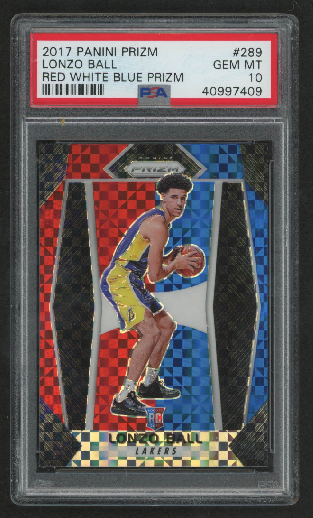 Lonzo Ball 2017-18 Panini Prizm Prizms Red White & Blue #289 (PSA 10) at PristineAuction.com Lonzo Ball 2017-18 Panini Prizm Prizms Red White & Blue #289 (PSA 10) at PristineAuction.com