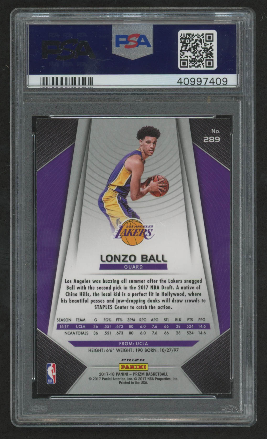 Lonzo Ball 2017-18 Panini Prizm Prizms Red White & Blue #289 (PSA 10) at PristineAuction.com Lonzo Ball 2017-18 Panini Prizm Prizms Red White & Blue #289 (PSA 10) at PristineAuction.com