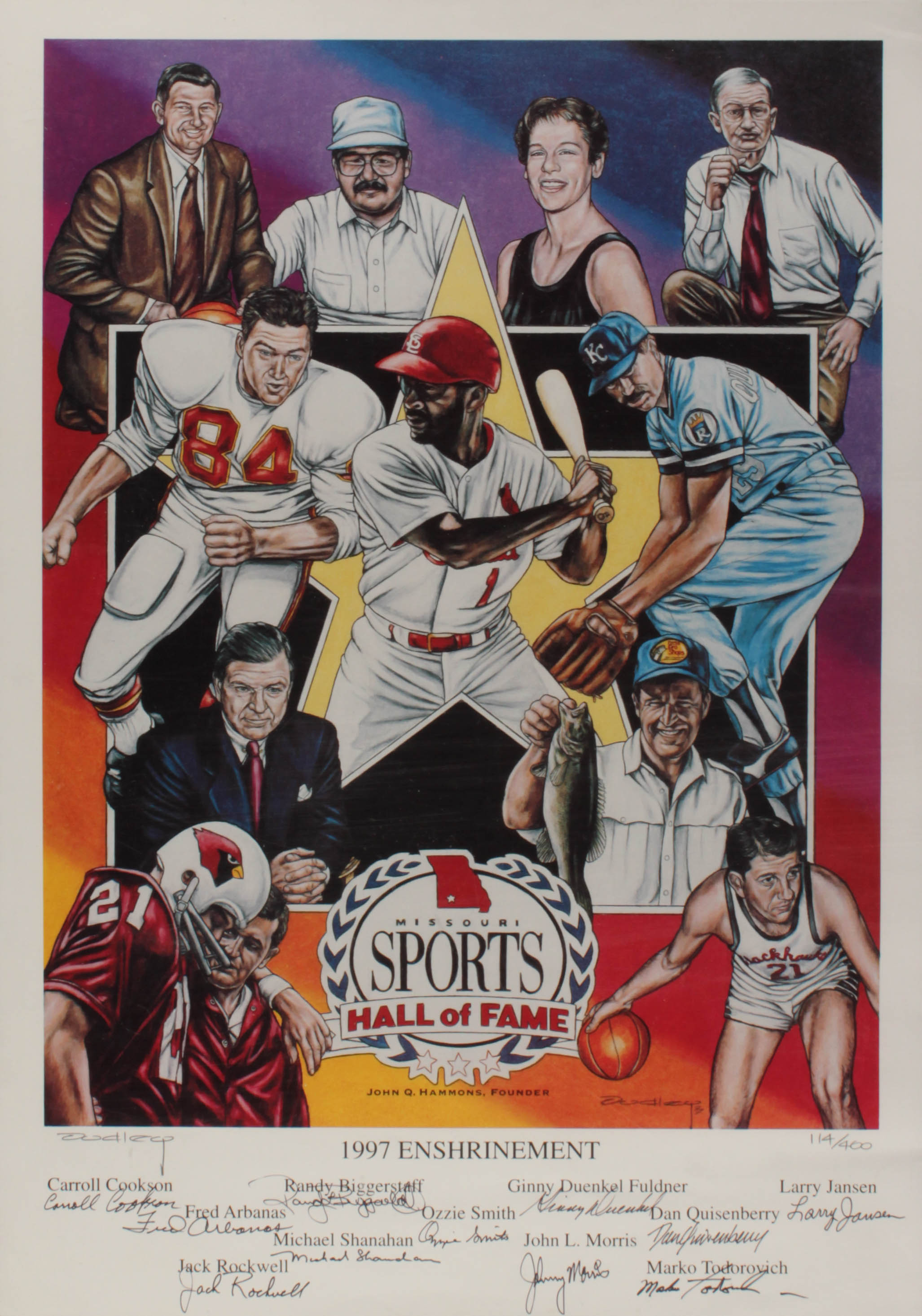 1997 Missouri Sports Hall of Fame Enshrinement LE 15x21 Lithograph signed by (11) with Ozzie Smith, Jack Rockwell, John Morris, Randy Biggerstaff (JSA ALOA) at PristineAuction.com 1997 Missouri Sports Hall of Fame Enshrinement LE 15x21 Lithograph signed by (11) with Ozzie Smith, Jack Rockwell, John Morris, Randy Biggerstaff (JSA ALOA) at PristineAuction.com