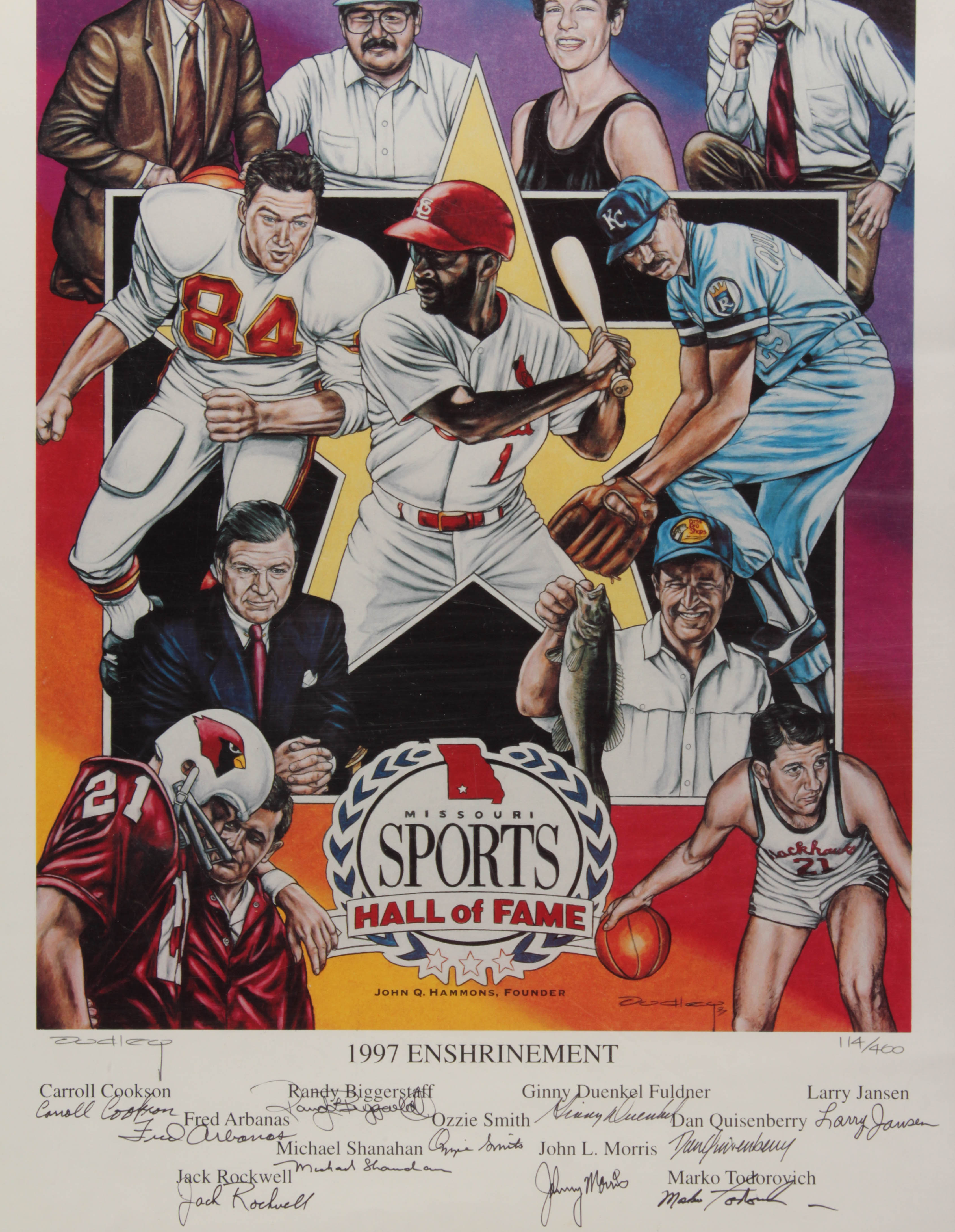 1997 Missouri Sports Hall of Fame Enshrinement LE 15x21 Lithograph signed by (11) with Ozzie Smith, Jack Rockwell, John Morris, Randy Biggerstaff (JSA ALOA) at PristineAuction.com 1997 Missouri Sports Hall of Fame Enshrinement LE 15x21 Lithograph signed by (11) with Ozzie Smith, Jack Rockwell, John Morris, Randy Biggerstaff (JSA ALOA) at PristineAuction.com