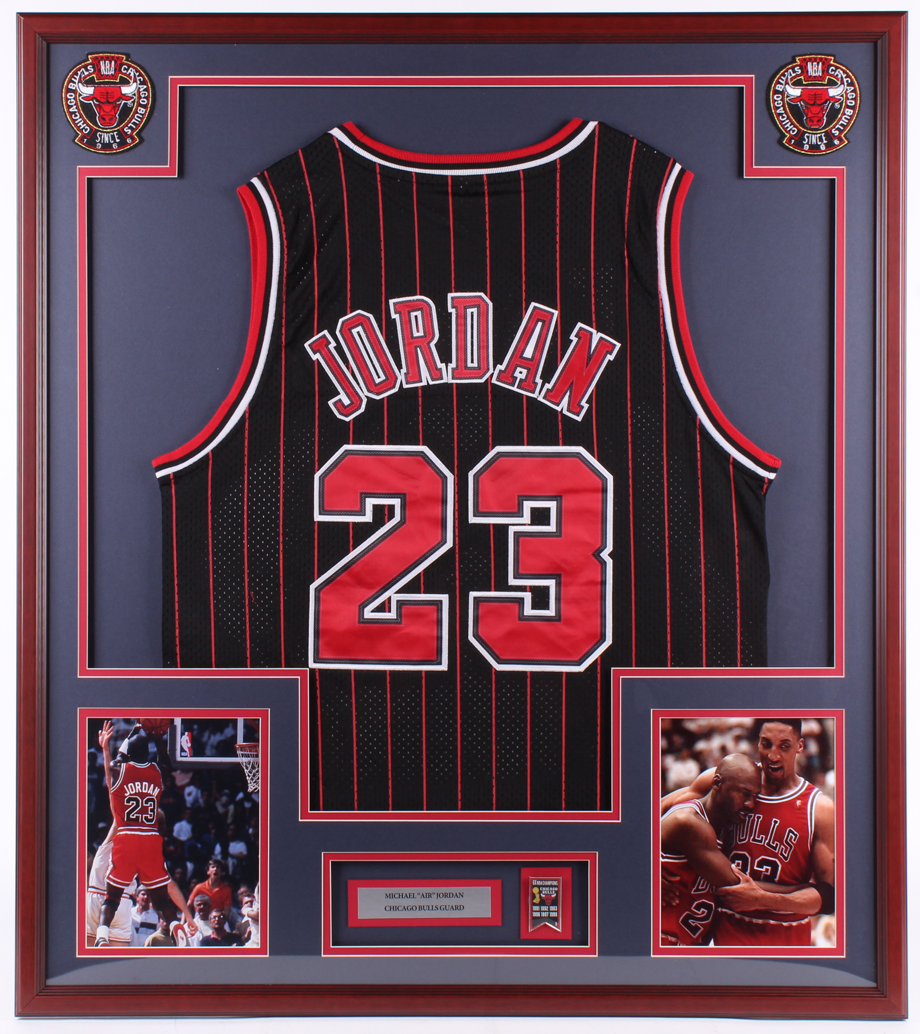 Michael Jordan 32x36 Custom Framed Jersey Display with NBA Championships Pin at PristineAuction.com Michael Jordan 32x36 Custom Framed Jersey Display with NBA Championships Pin at PristineAuction.com