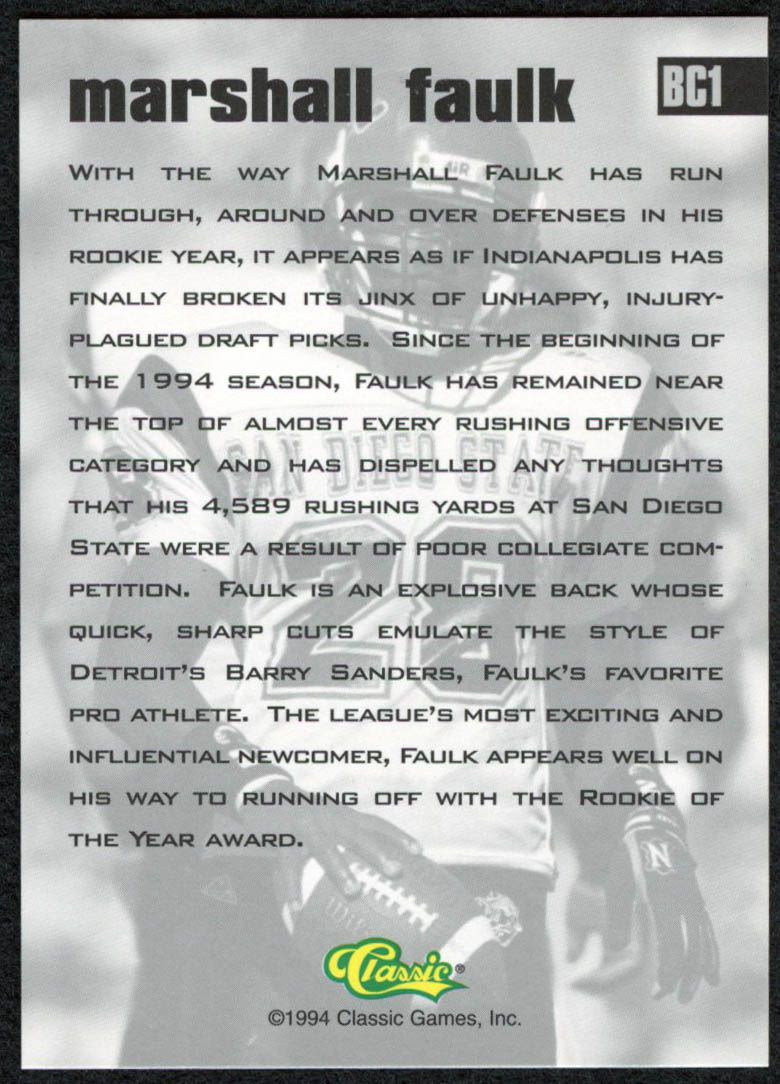 Marshall Faulk 1994 Classic Four Sport BCs #BC1 at PristineAuction.com Marshall Faulk 1994 Classic Four Sport BCs #BC1 at PristineAuction.com