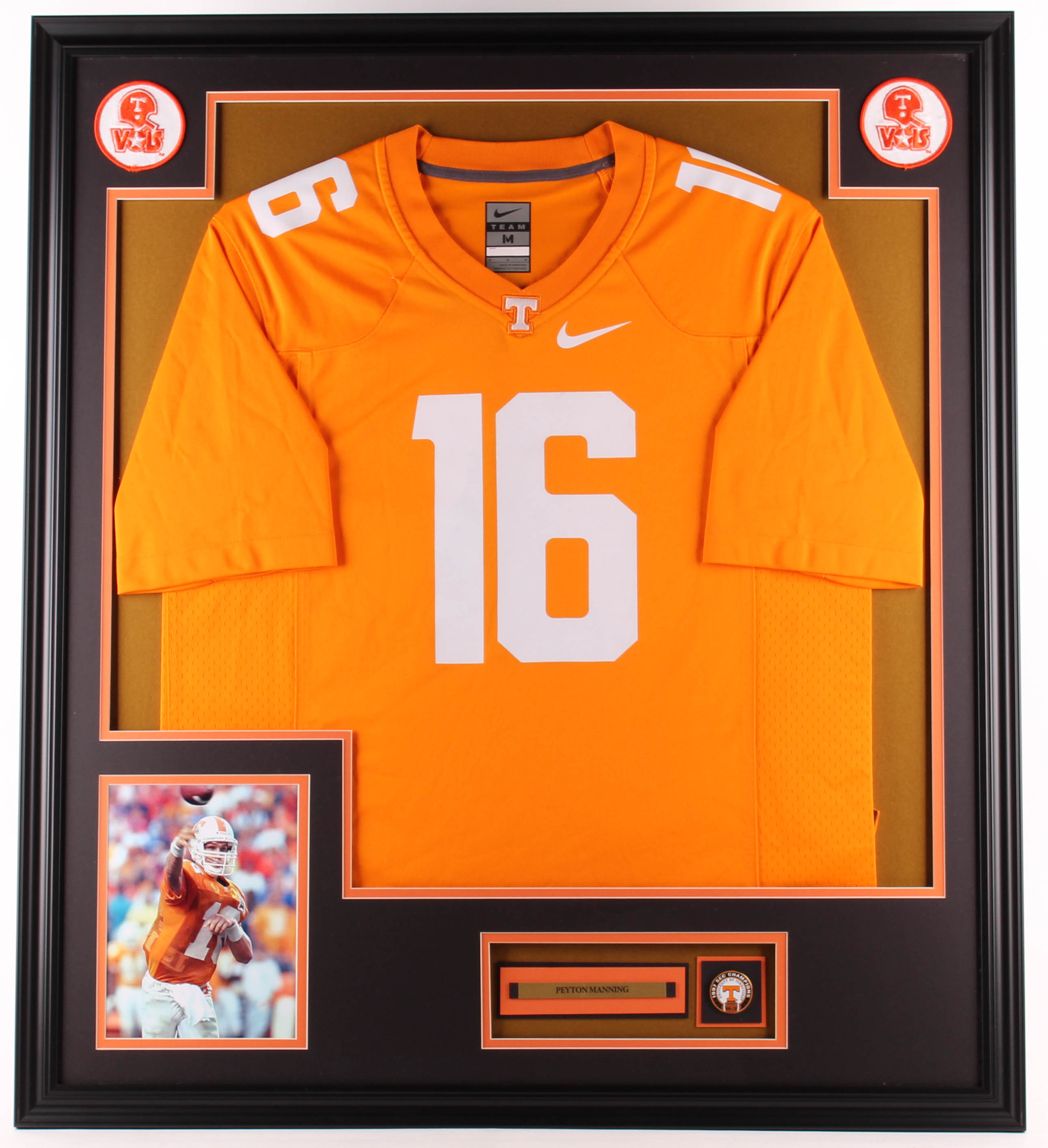Peyton Manning Tennessee Volunteers 32x36 Custom Framed Jersey Display with Tennessee National Champions Vintage Pin at PristineAuction.com Peyton Manning Tennessee Volunteers 32x36 Custom Framed Jersey Display with Tennessee National Champions Vintage Pin at PristineAuction.com