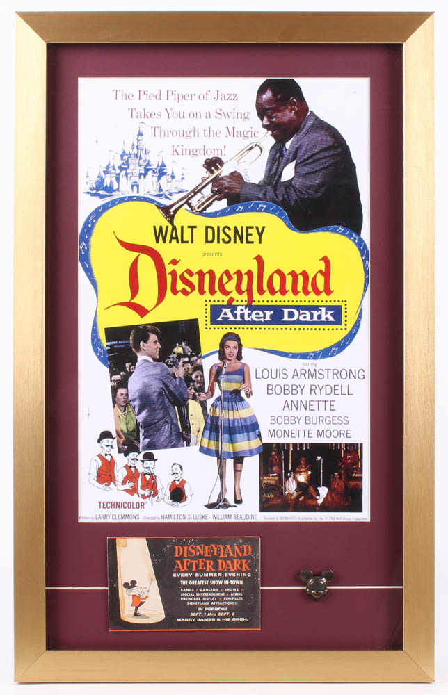 "Disneyland After Dark" 16x25.5 Custom Framed Poster Display with Original 1960's Pamphlet & Bronze Mickey Mouse at PristineAuction.com "Disneyland After Dark" 16x25.5 Custom Framed Poster Display with Original 1960's Pamphlet & Bronze Mickey Mouse at PristineAuction.com
