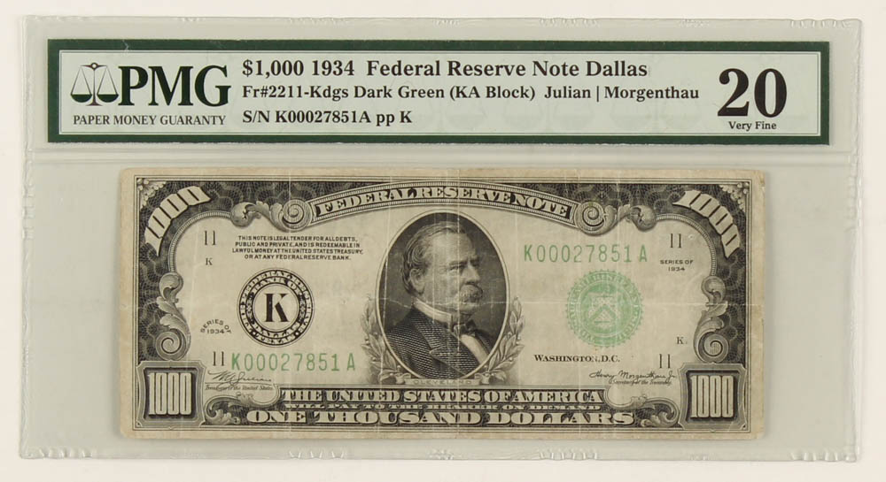 1934 $1,000 One-Thousand Dollar Federal Reserve Note (PMG 20) at PristineAuction.com 1934 $1,000 One-Thousand Dollar Federal Reserve Note (PMG 20) at PristineAuction.com