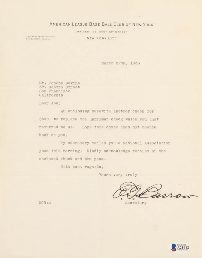 Ed Barrow Signed 1933 Letter (Beckett LOA) at PristineAuction.com Ed Barrow Signed 1933 Letter (Beckett LOA) at PristineAuction.com
