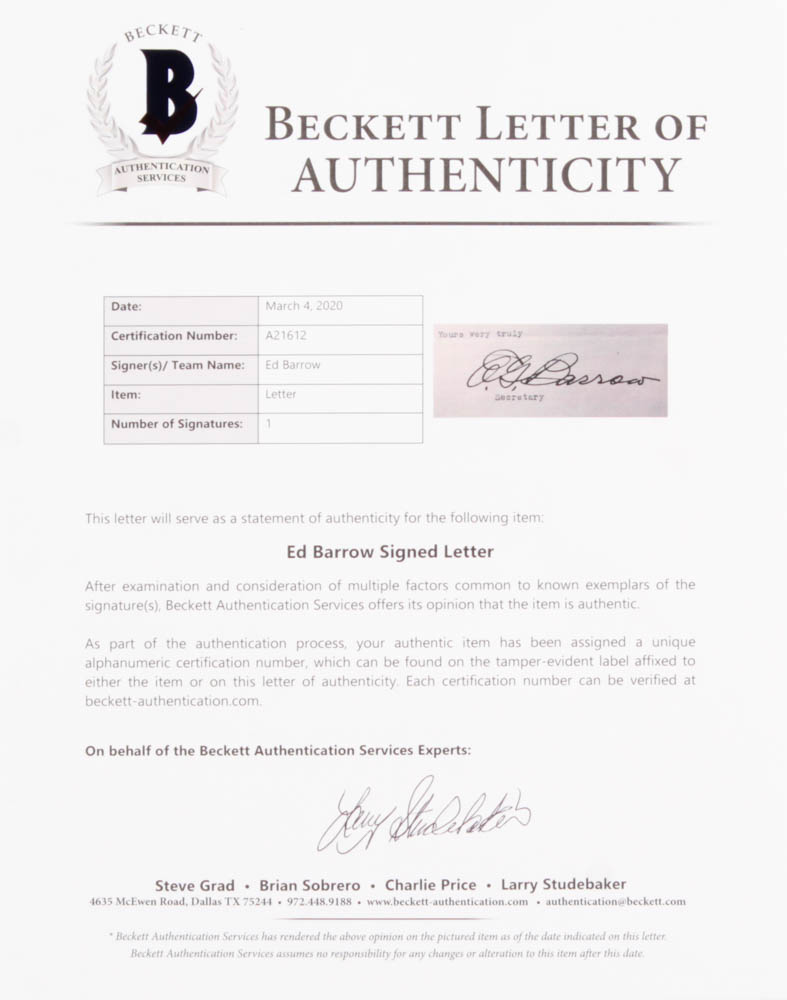 Ed Barrow Signed 1933 Letter (Beckett LOA) at PristineAuction.com Ed Barrow Signed 1933 Letter (Beckett LOA) at PristineAuction.com