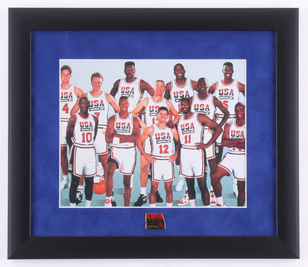 1992 Olympic "Dream Team" Basketball 13x15 Custom Framed Team Photo with 1992 Dream Team Pin at PristineAuction.com 1992 Olympic "Dream Team" Basketball 13x15 Custom Framed Team Photo with 1992 Dream Team Pin at PristineAuction.com