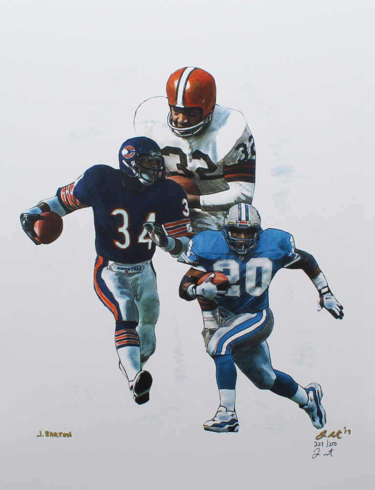 Walter Payton, Jim Brown, & Barry Sanders - Running Back Legends - Joshua Barton 12x18 Signed Limited Edition Lithograph #/250 at PristineAuction.com Walter Payton, Jim Brown, & Barry Sanders - Running Back Legends - Joshua Barton 12x18 Signed Limited Edition Lithograph #/250 at PristineAuction.com