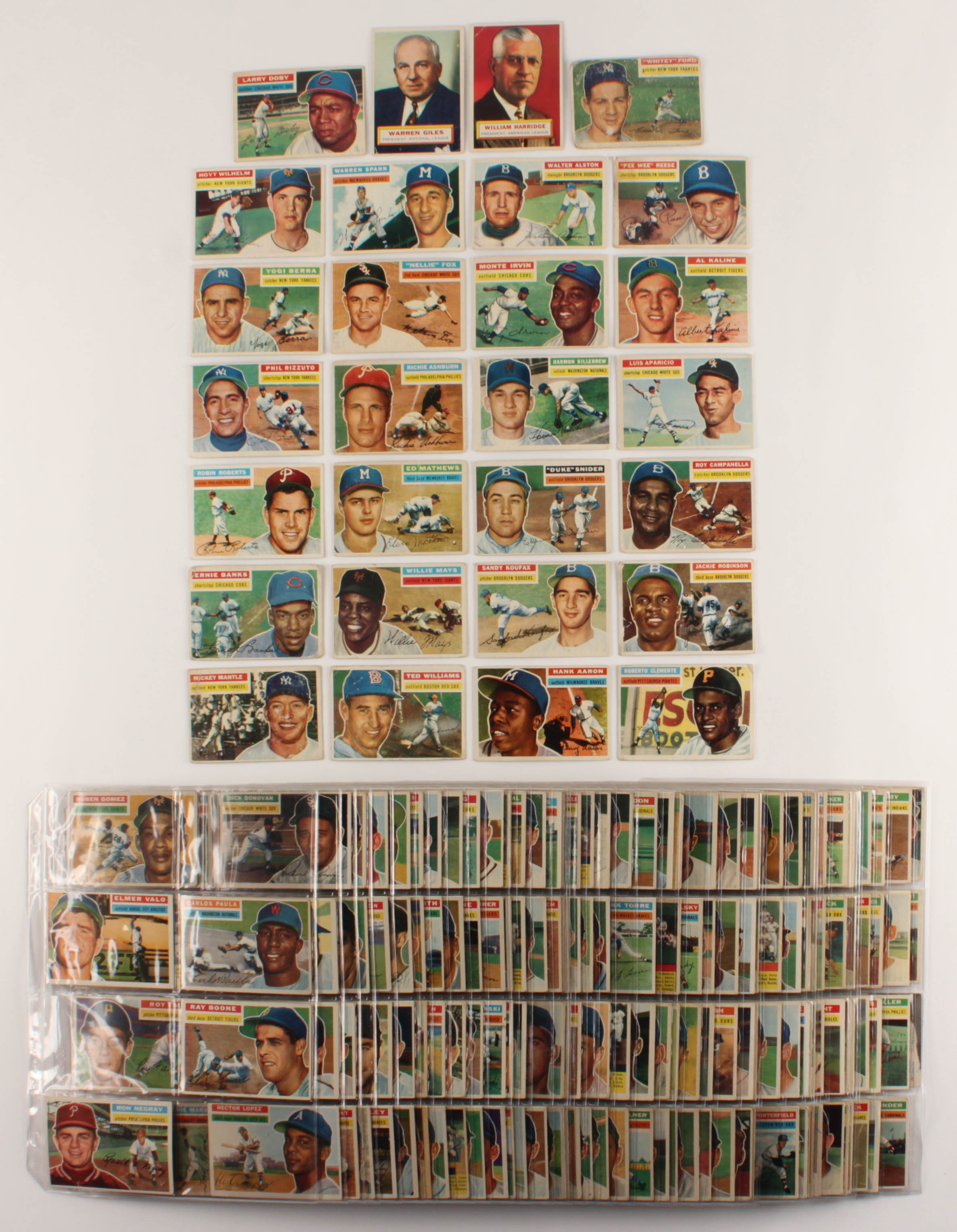 1956 Topps Complete Set of (340) Baseball Cards with #5 Ted Williams, #31 Hank Aaron, #135 Mickey Mantle, #33 Roberto Clemente at PristineAuction.com 1956 Topps Complete Set of (340) Baseball Cards with #5 Ted Williams, #31 Hank Aaron, #135 Mickey Mantle, #33 Roberto Clemente at PristineAuction.com