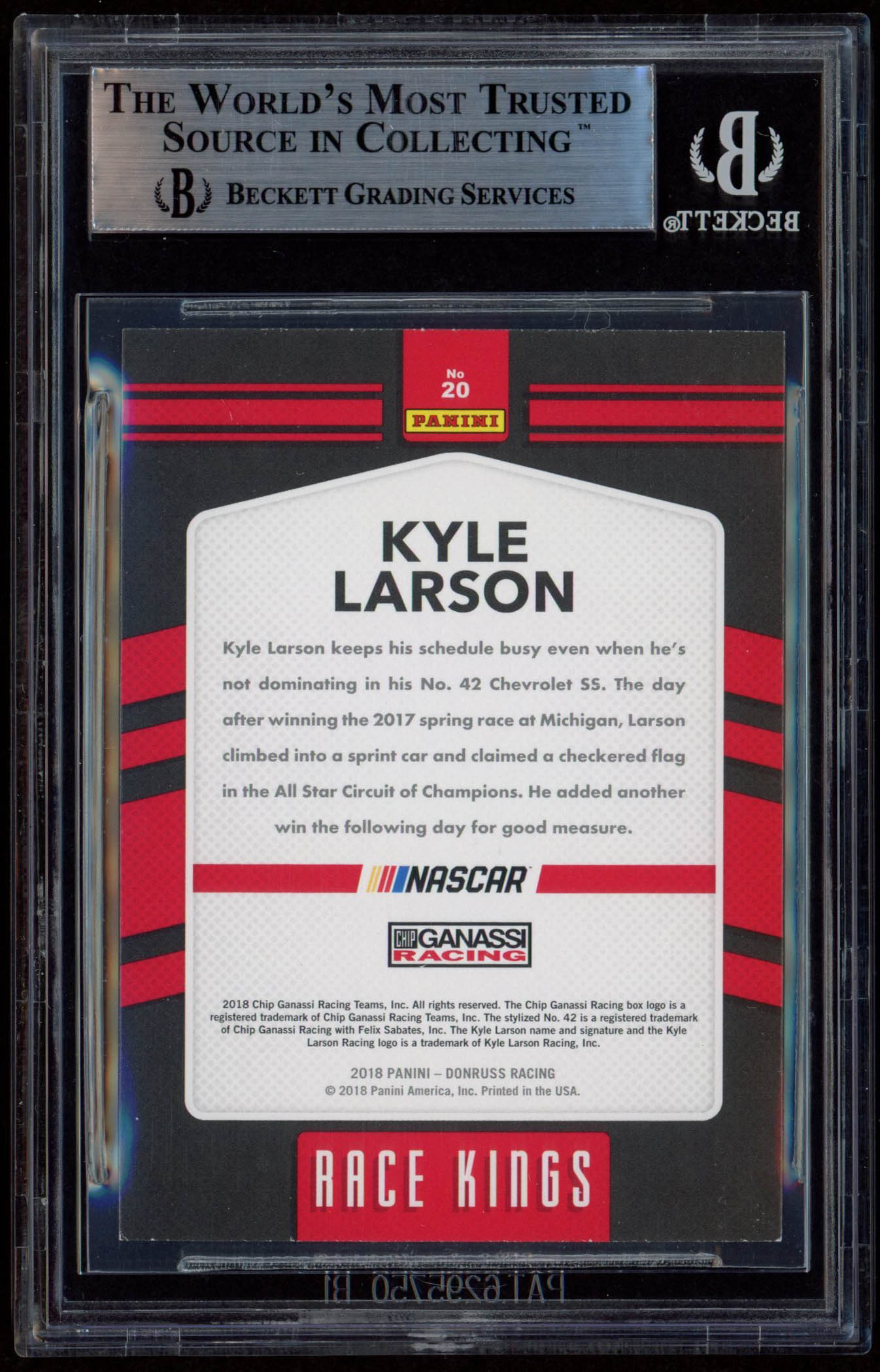 Kyle Larson Signed 2018 Donruss #20 Race Kings (Beckett Encapsulated) at PristineAuction.com Kyle Larson Signed 2018 Donruss #20 Race Kings (Beckett Encapsulated) at PristineAuction.com