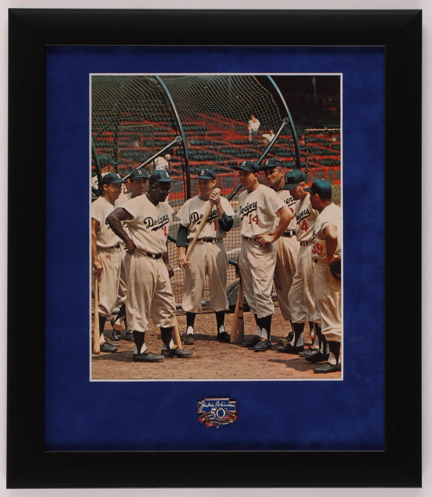 Jackie Robinson Dodgers 13x15 Custom Framed Photo Display with Jackie Robinson Pin at PristineAuction.com Jackie Robinson Dodgers 13x15 Custom Framed Photo Display with Jackie Robinson Pin at PristineAuction.com