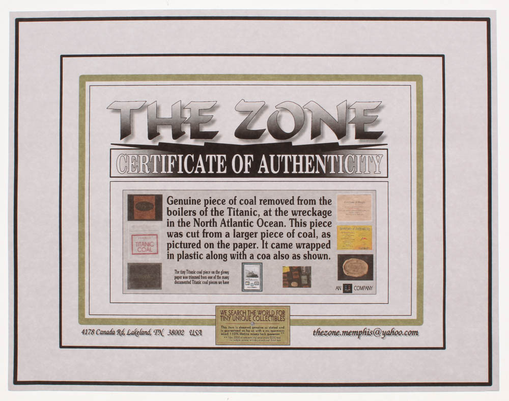Authentic Coal From Titanic Wreckage on 6x8 Photo (The Zone COA) at PristineAuction.com Authentic Coal From Titanic Wreckage on 6x8 Photo (The Zone COA) at PristineAuction.com