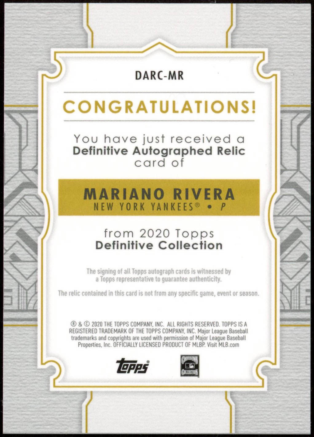Mariano Rivera 2020 Topps Definitive Collection Definitive Autograph Relics Green #DARCMR at PristineAuction.com Mariano Rivera 2020 Topps Definitive Collection Definitive Autograph Relics Green #DARCMR at PristineAuction.com