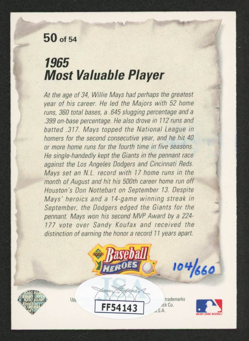 Willie Mays Signed LE 1993 Upper Deck Heroes #50 1965 Most Valuable Player (JSA COA) at PristineAuction.com Willie Mays Signed LE 1993 Upper Deck Heroes #50 1965 Most Valuable Player (JSA COA) at PristineAuction.com