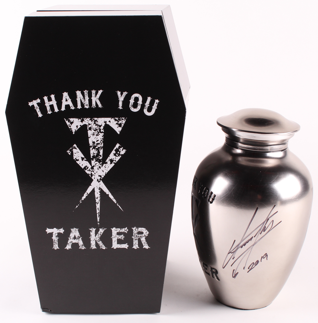 The Undertaker Signed "Thank You Taker" Commemorative Urn with Carrier Coffin Box Inscribed "2019" (JSA Hologram) at PristineAuction.com The Undertaker Signed "Thank You Taker" Commemorative Urn with Carrier Coffin Box Inscribed "2019" (JSA Hologram) at PristineAuction.com