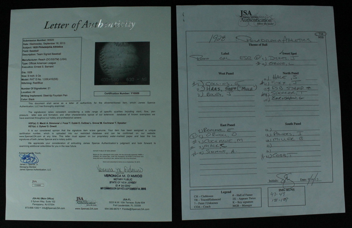 1928 Athletics Team OAL Baseball Signed by (21) with Connie Mack, Ty Cobb, Jimmie Foxx (JSA LOA) at PristineAuction.com 1928 Athletics Team OAL Baseball Signed by (21) with Connie Mack, Ty Cobb, Jimmie Foxx (JSA LOA) at PristineAuction.com