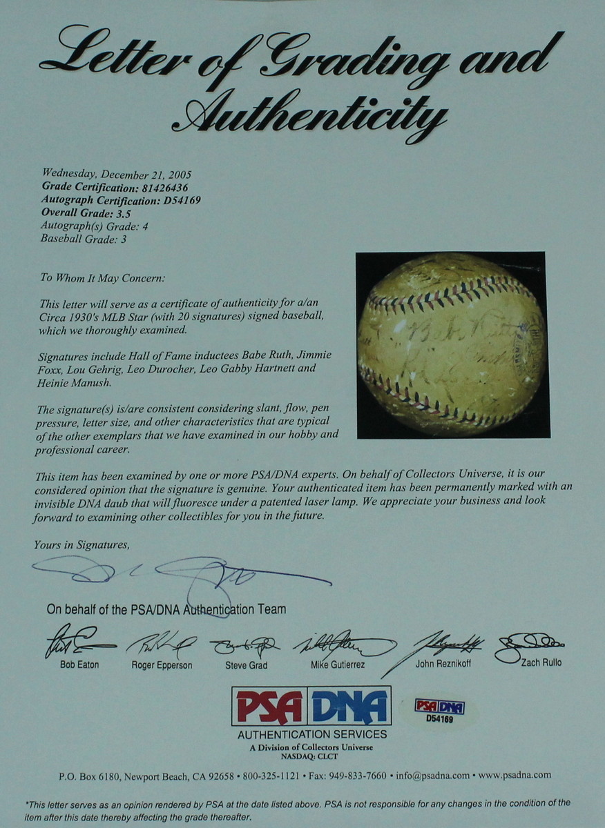1930's MLB All-Star Official League Baseball Signed by (20) with Babe Ruth, Lou Gehrig (PSA LOA) at PristineAuction.com 1930's MLB All-Star Official League Baseball Signed by (20) with Babe Ruth, Lou Gehrig (PSA LOA) at PristineAuction.com