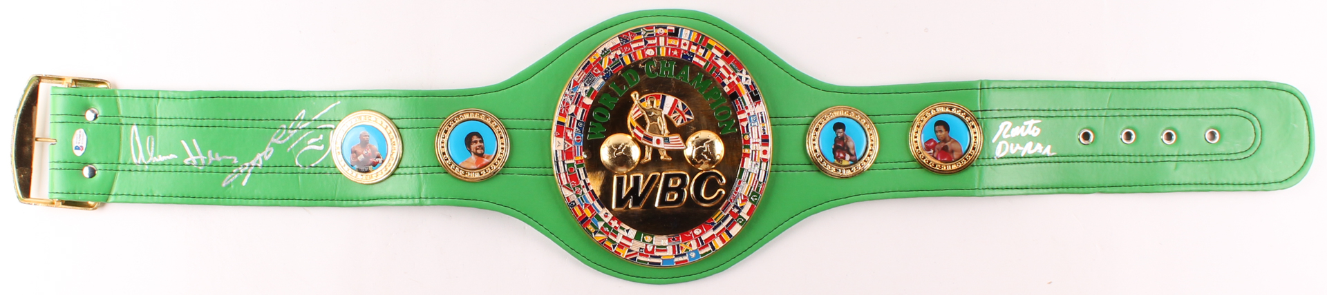 Roberto Duran, Thomas Hearns & Sugar Ray Leonard Signed WBC Full-Size Heavyweight Championship Belt (Beckett COA) at PristineAuction.com Roberto Duran, Thomas Hearns & Sugar Ray Leonard Signed WBC Full-Size Heavyweight Championship Belt (Beckett COA) at PristineAuction.com
