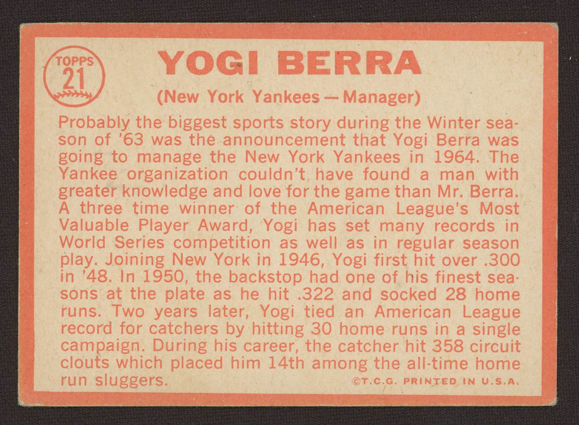 Yogi Berra 1964 Topps #21 Manager at PristineAuction.com Yogi Berra 1964 Topps #21 Manager at PristineAuction.com