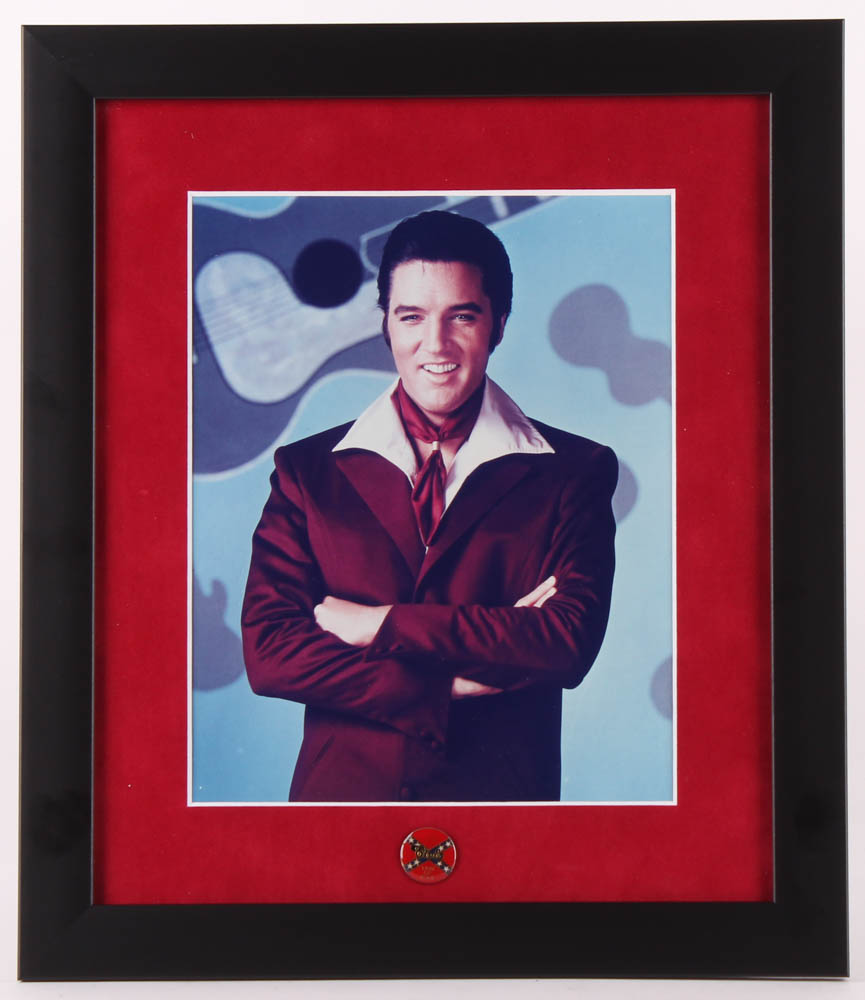 Elvis Presley 13x15 Custom Framed Photo Display with Vintage Elvis Confederate Pin at PristineAuction.com Elvis Presley 13x15 Custom Framed Photo Display with Vintage Elvis Confederate Pin at PristineAuction.com