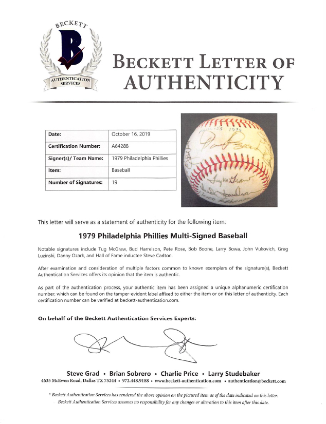 1979 Phillies ONL Baseball Team-Signed by (17) with Pete Rose, Steve Carlton, Tug McGraw (Beckett LOA) at PristineAuction.com 1979 Phillies ONL Baseball Team-Signed by (17) with Pete Rose, Steve Carlton, Tug McGraw (Beckett LOA) at PristineAuction.com
