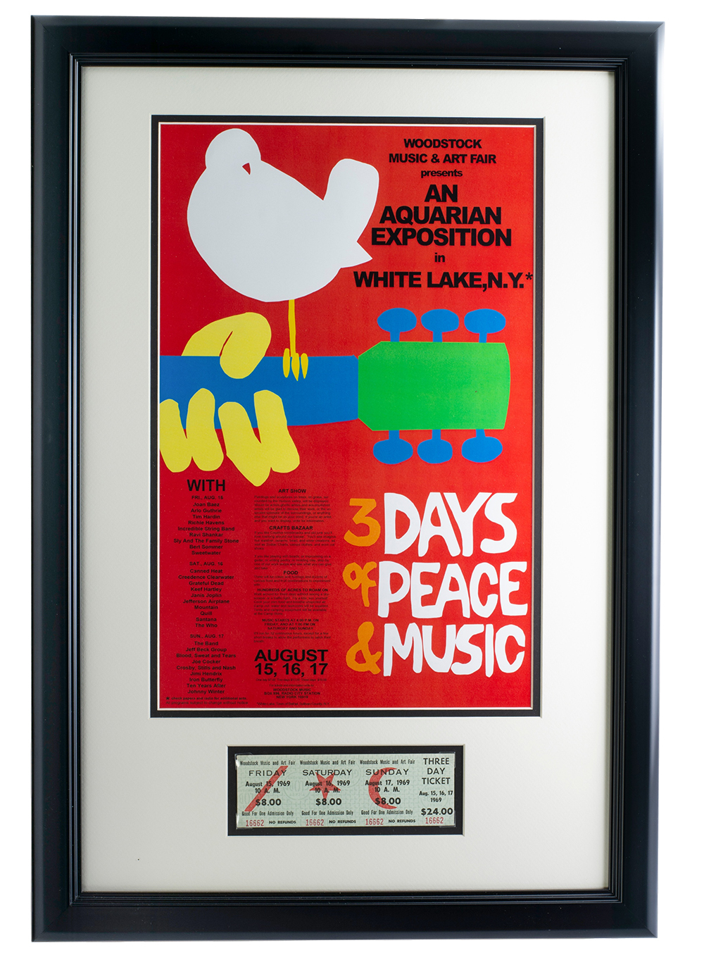 Woodstock 16x23 Custom Framed Poster Display with Vintage 1969 3-Day Full Event Woodstock Ticket at PristineAuction.com Woodstock 16x23 Custom Framed Poster Display with Vintage 1969 3-Day Full Event Woodstock Ticket at PristineAuction.com