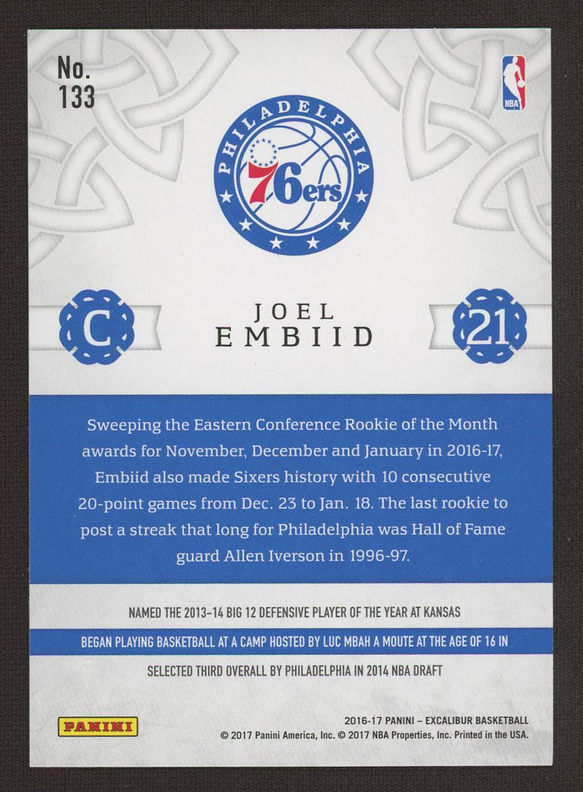 Joel Embiid 2016-17 Panini Excalibur #133 at PristineAuction.com Joel Embiid 2016-17 Panini Excalibur #133 at PristineAuction.com