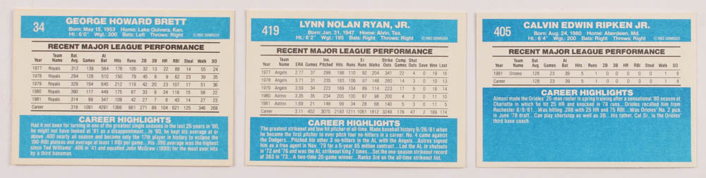 1982 Donruss Complete Set of (660) Baseball Cards with Cal Ripken Jr. #405 RC, George Brett #34, Nolan Ryan #419 at PristineAuction.com 1982 Donruss Complete Set of (660) Baseball Cards with Cal Ripken Jr. #405 RC, George Brett #34, Nolan Ryan #419 at PristineAuction.com