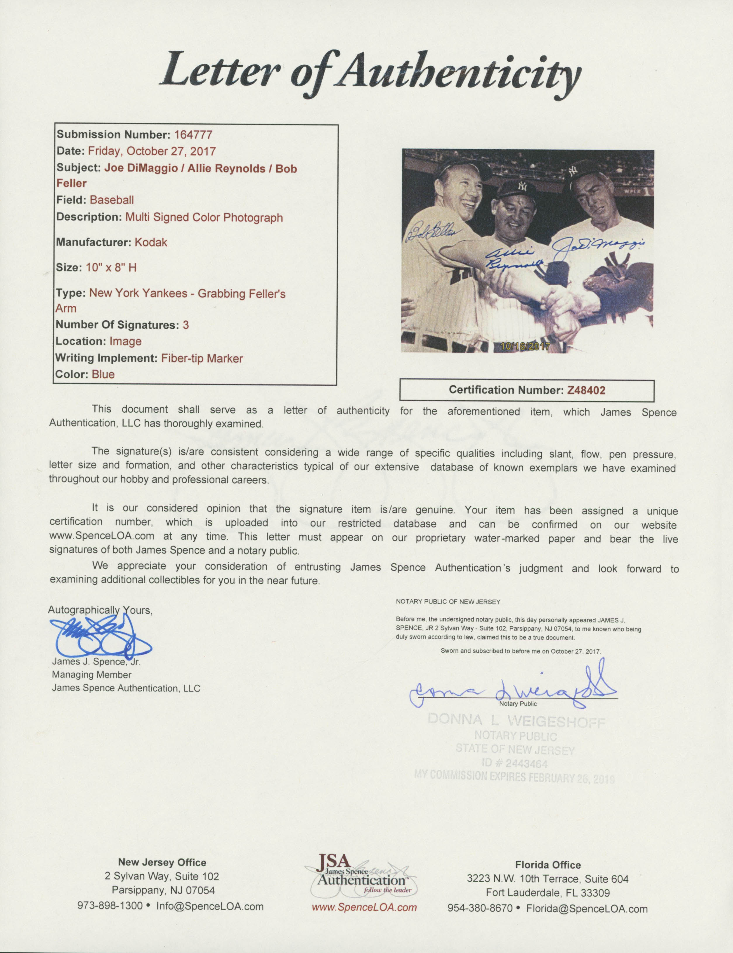 Joe DiMaggio, Bob Feller & Allie Reynolds Signed 8x10 Photo (JSA LOA) at PristineAuction.com Joe DiMaggio, Bob Feller & Allie Reynolds Signed 8x10 Photo (JSA LOA) at PristineAuction.com