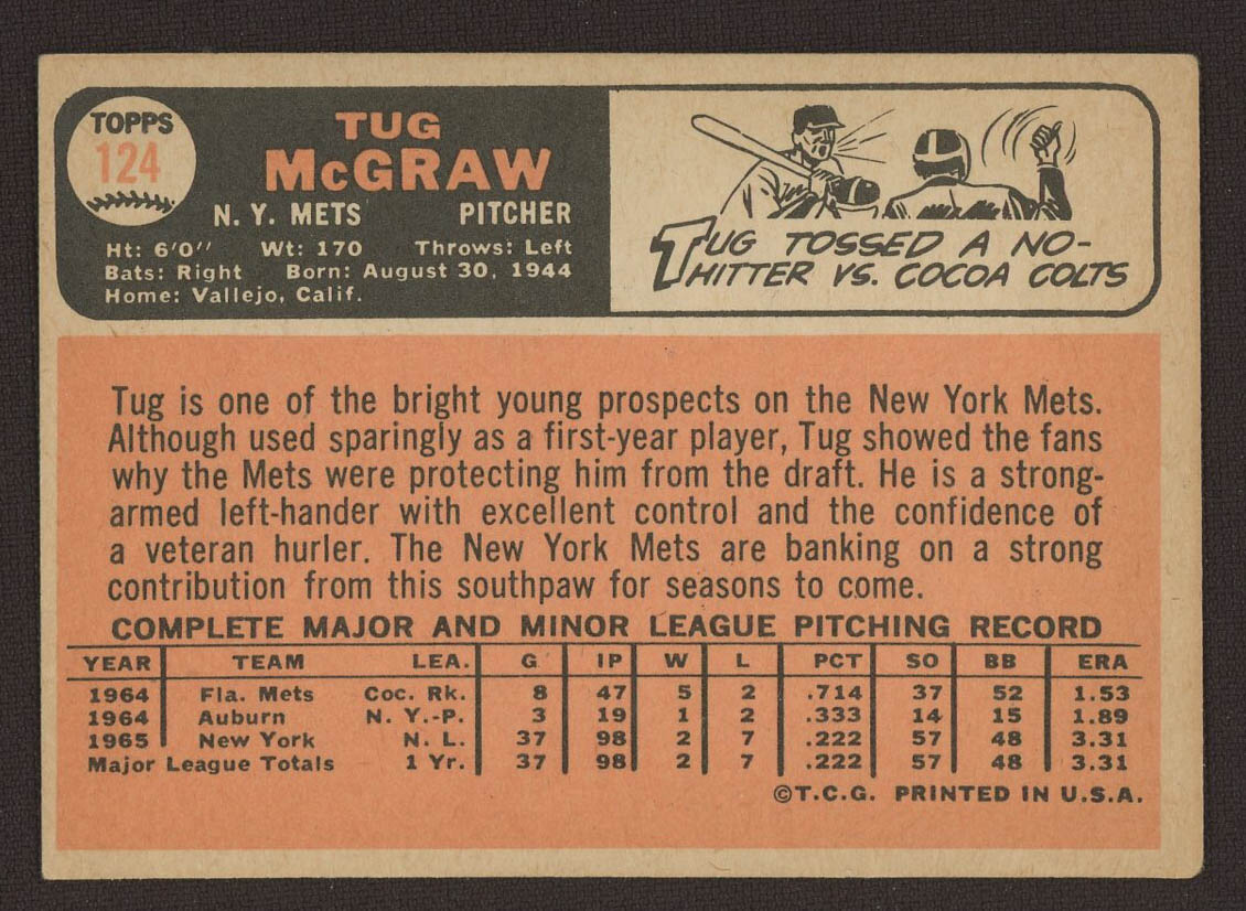Tug McGraw 1966 Topps #124 at PristineAuction.com Tug McGraw 1966 Topps #124 at PristineAuction.com