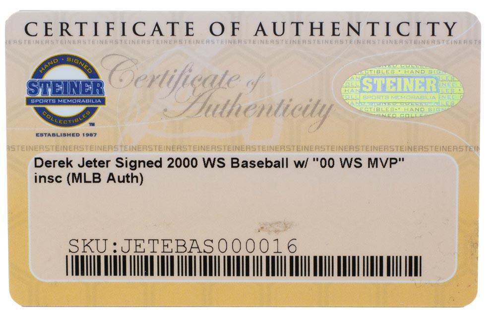 Derek Jeter Signed 2000 World Series Logo Baseball Inscribed "00 WS MVP" (Steiner COA & MLB Authentication Hologram) at PristineAuction.com Derek Jeter Signed 2000 World Series Logo Baseball Inscribed "00 WS MVP" (Steiner COA & MLB Authentication Hologram) at PristineAuction.com