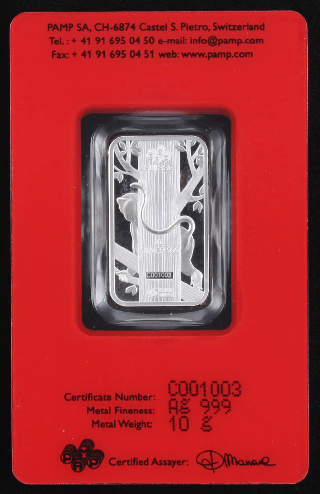 10 Gram - 2016 Lunar Year of the Monkey PAMP Suisse Silver Bar with Assayer at PristineAuction.com 10 Gram - 2016 Lunar Year of the Monkey PAMP Suisse Silver Bar with Assayer at PristineAuction.com