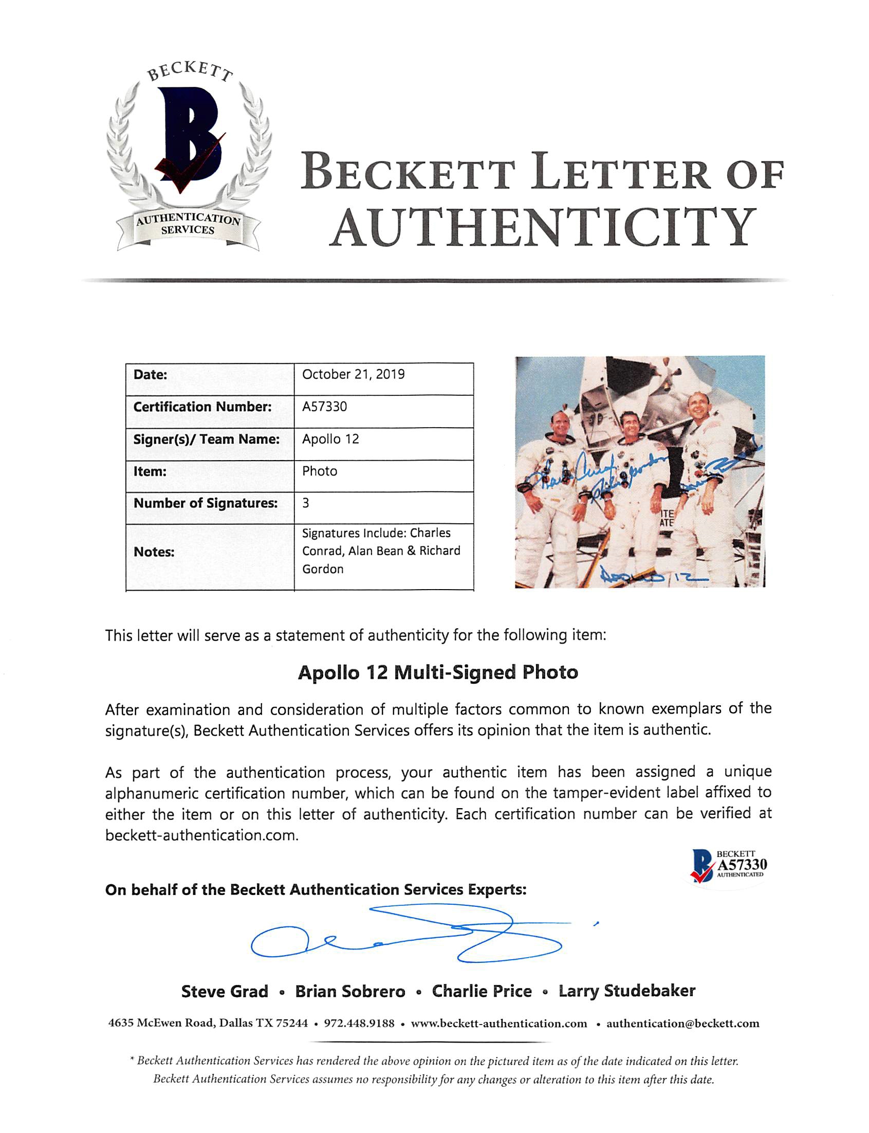 Charles Conrad, Alan Bean, & Richard Gordon Signed Apollo 12 8x10 Photo Inscribed "Apollo 12" (Beckett LOA) at PristineAuction.com Charles Conrad, Alan Bean, & Richard Gordon Signed Apollo 12 8x10 Photo Inscribed "Apollo 12" (Beckett LOA) at PristineAuction.com